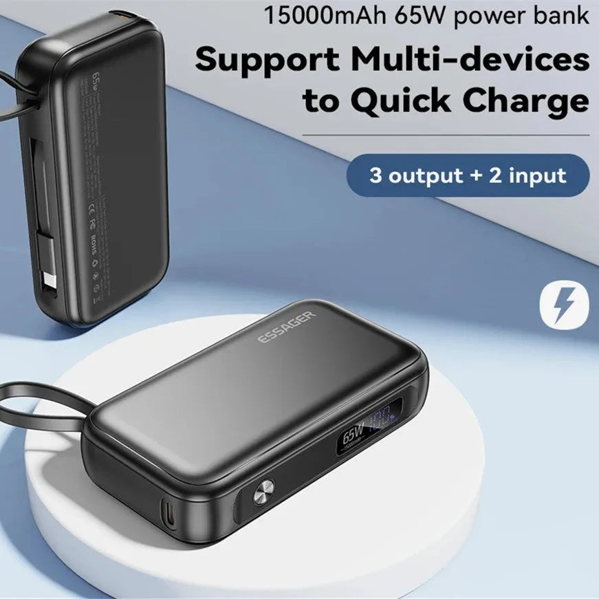 Black 15000mAh digital display power bank with USB-C and USB-A ports