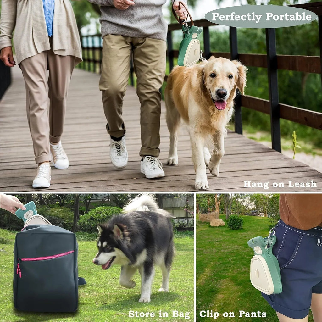Blue portable pooper scooper with clip and bag dispenser for dog waste cleanup.