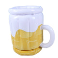 Yellow inflatable beer mug cooler floating in pool with drinks inside