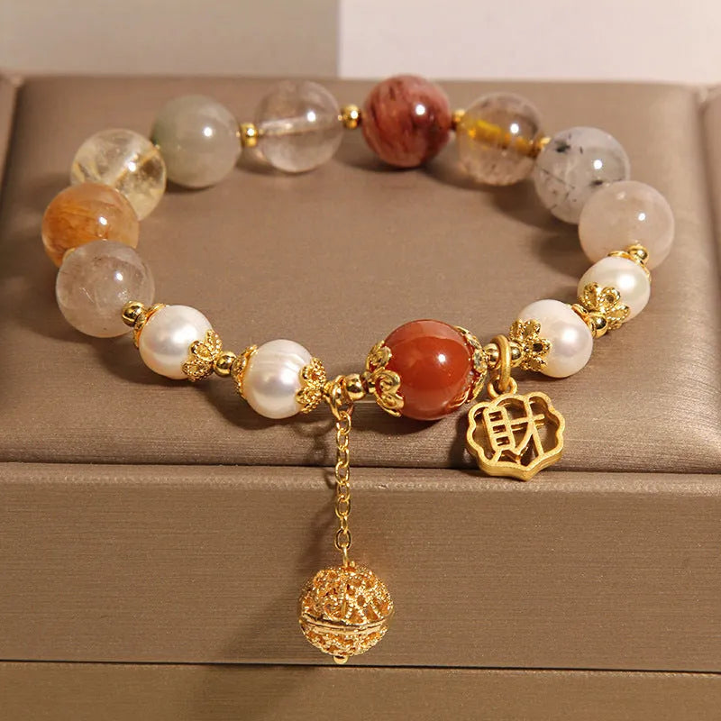 Natural colour hair crystal pearl bracelet for women with Japanese Korean style and Cai character design