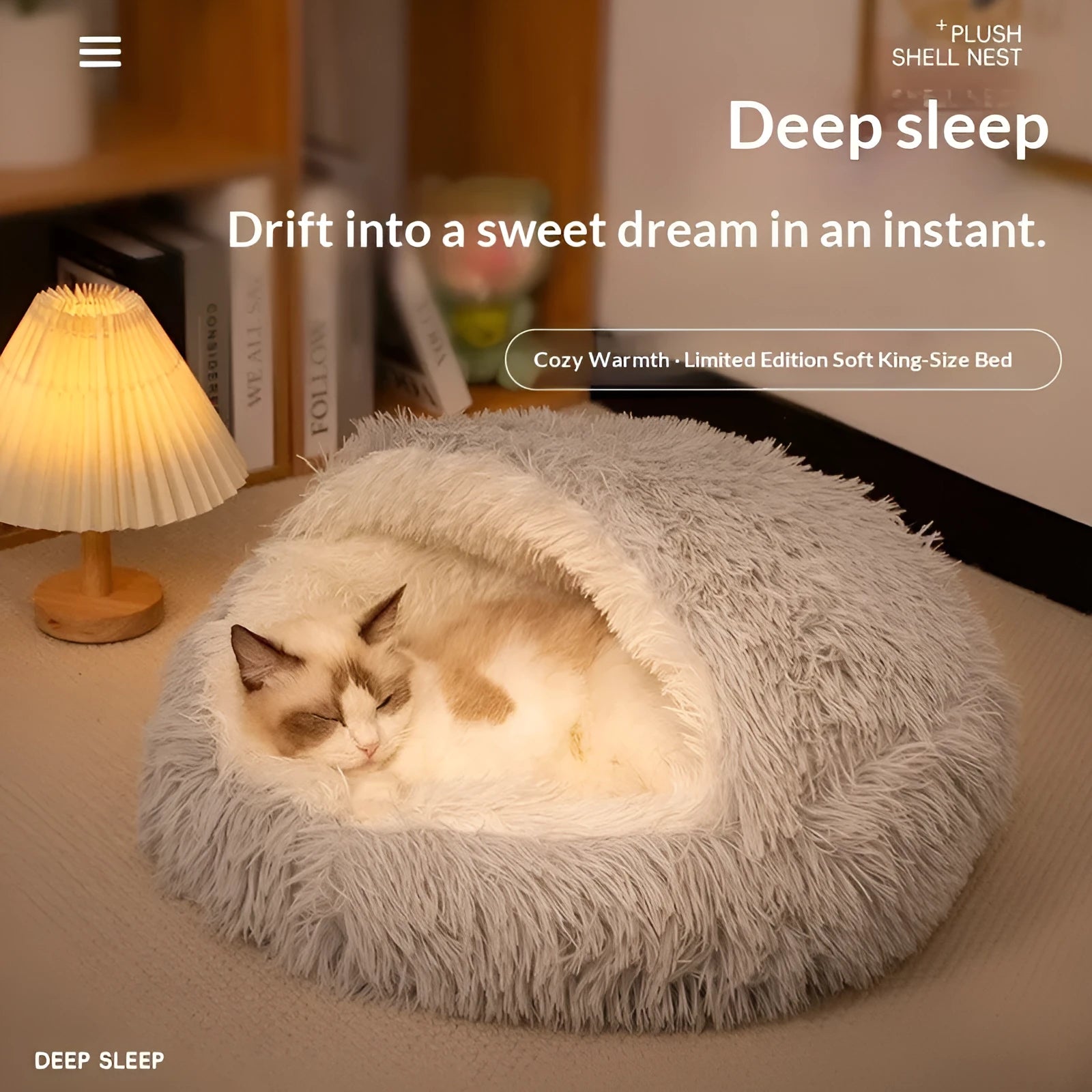 Plush shell nest crystal fleece cat bed in gradient grey colour, soft fabric thick warm bed for cats