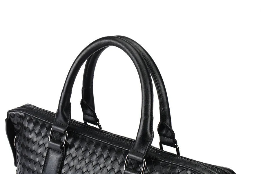 Men's hand-woven PU leather black briefcase bag with luggage strap and zippered pocket, horizontal square shape, 39x30x11.5 cm
