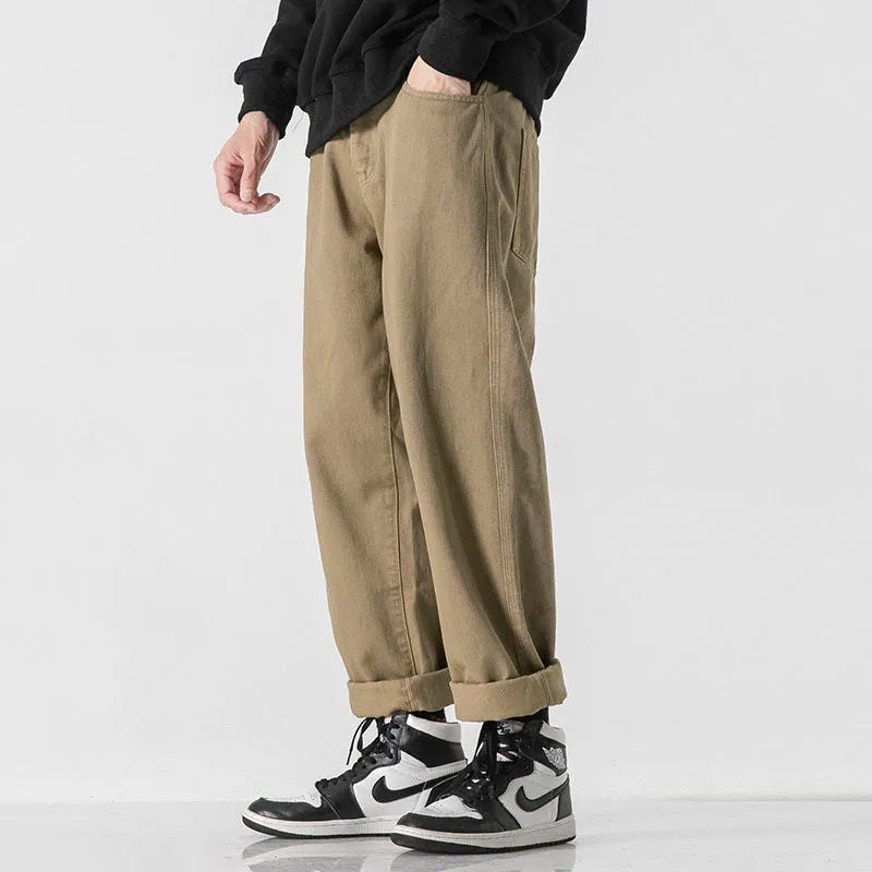 Retro solid colour loose straight trousers in army green with double layer belt waist
