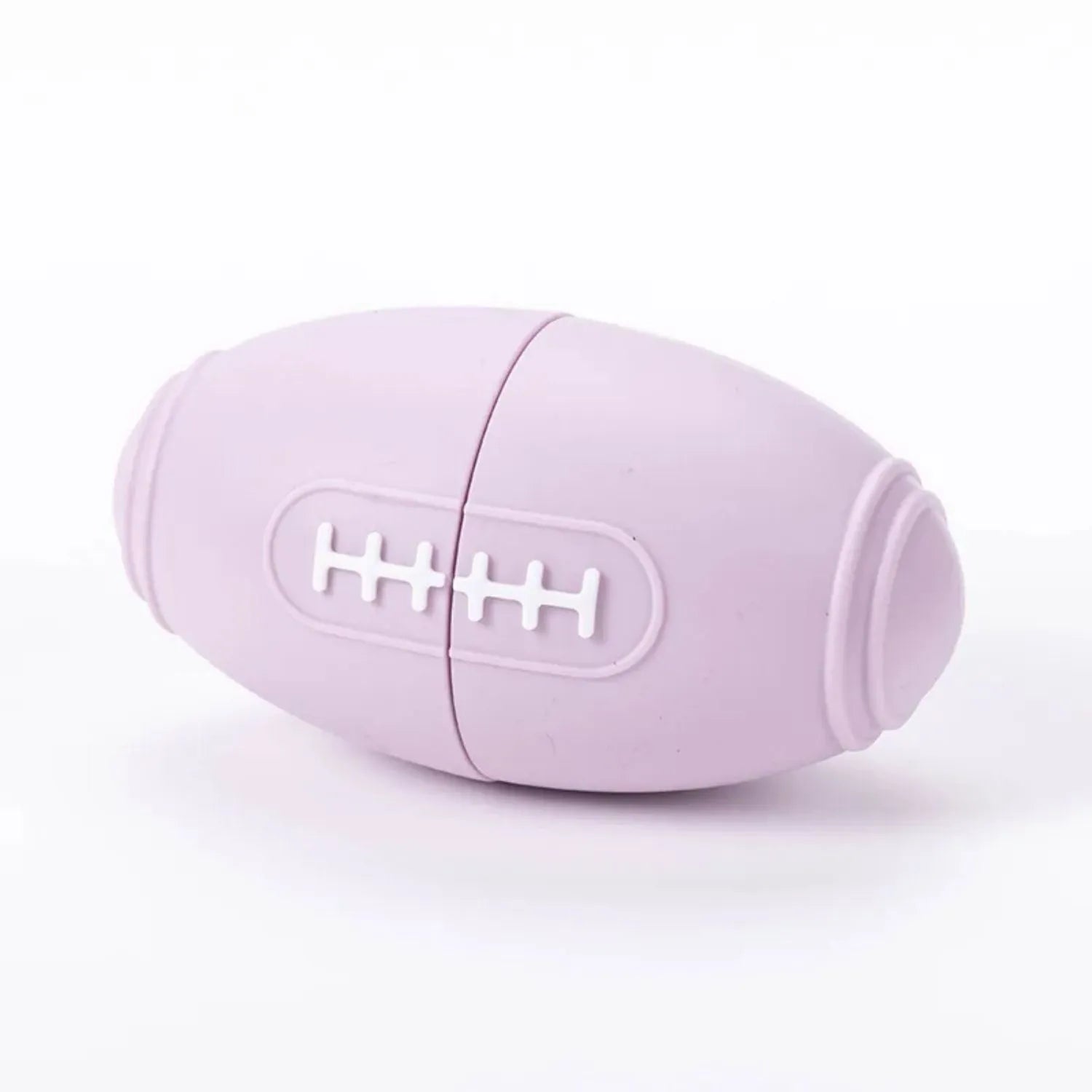 Coloured silicone rugby ball dog chew toy with treat-dispensing holes in blue, pink, purple options