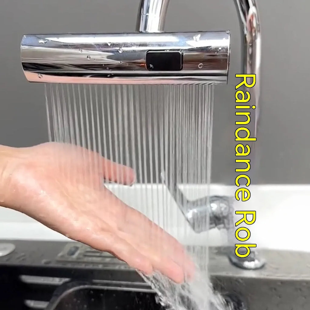 Kitchen faucet nozzle extension with rotating waterfall outlet in black or silver finish