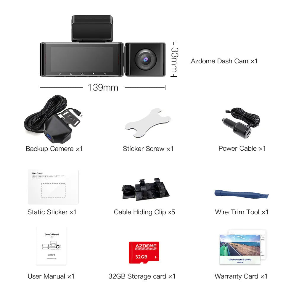 Black car dash cam with front and rear lenses, 3-inch screen, WiFi GPS, mounted on windshield bracket