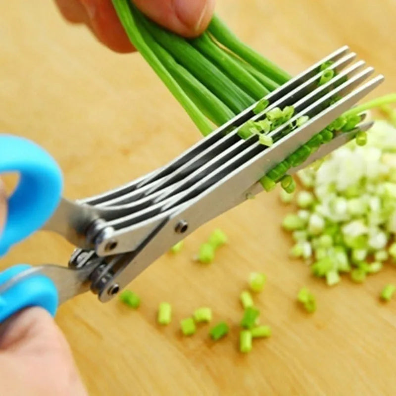 Green stainless steel multi-layer kitchen scissors for cutting onions, herbs and nori