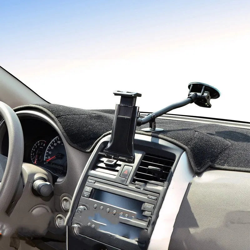 Black universal 4-12 inch car tablet holder with long-rod suction cup mounted on a dashboard.
