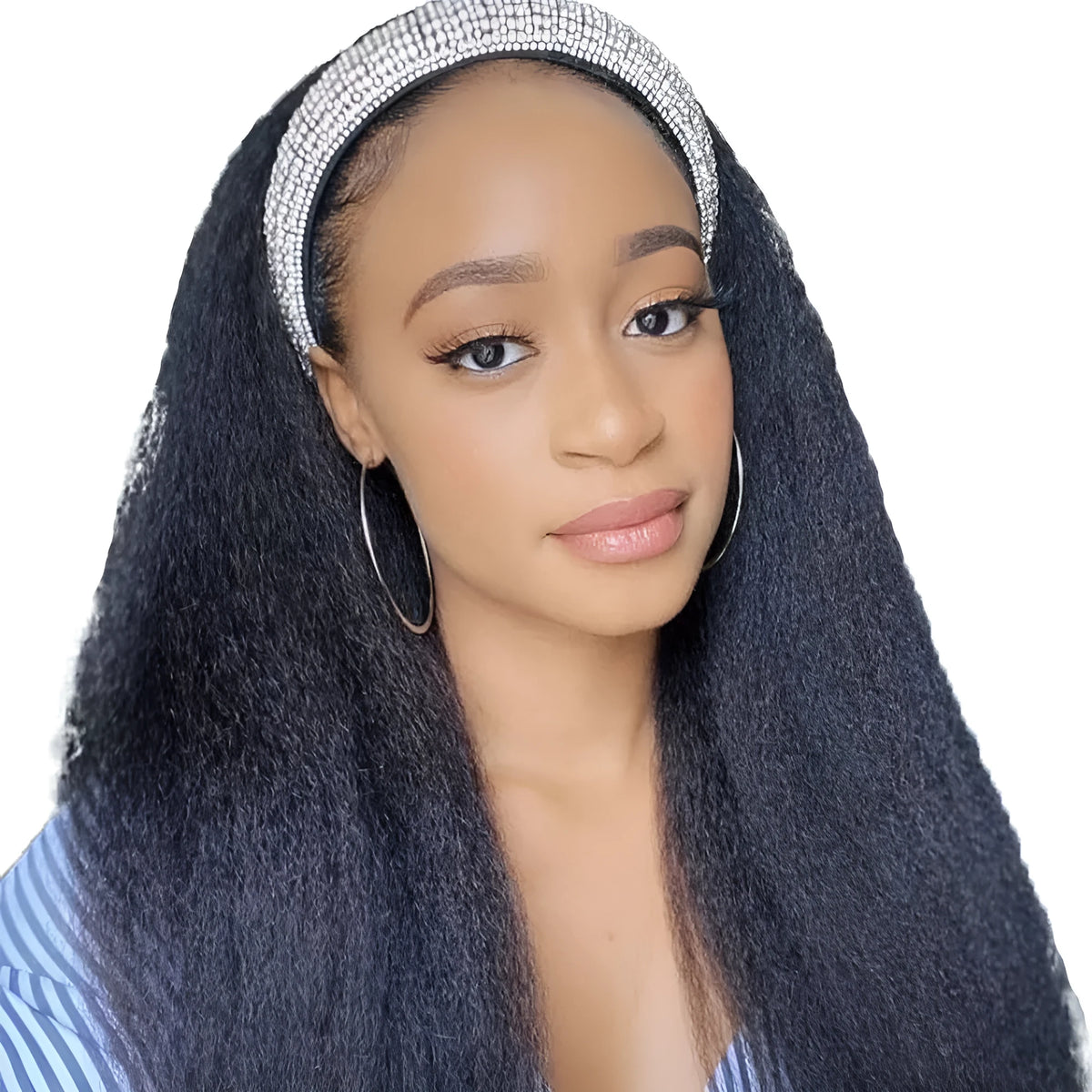 Headband wig made of human hair, kinky straight style, 1B natural colour, available in 8-26 inches.