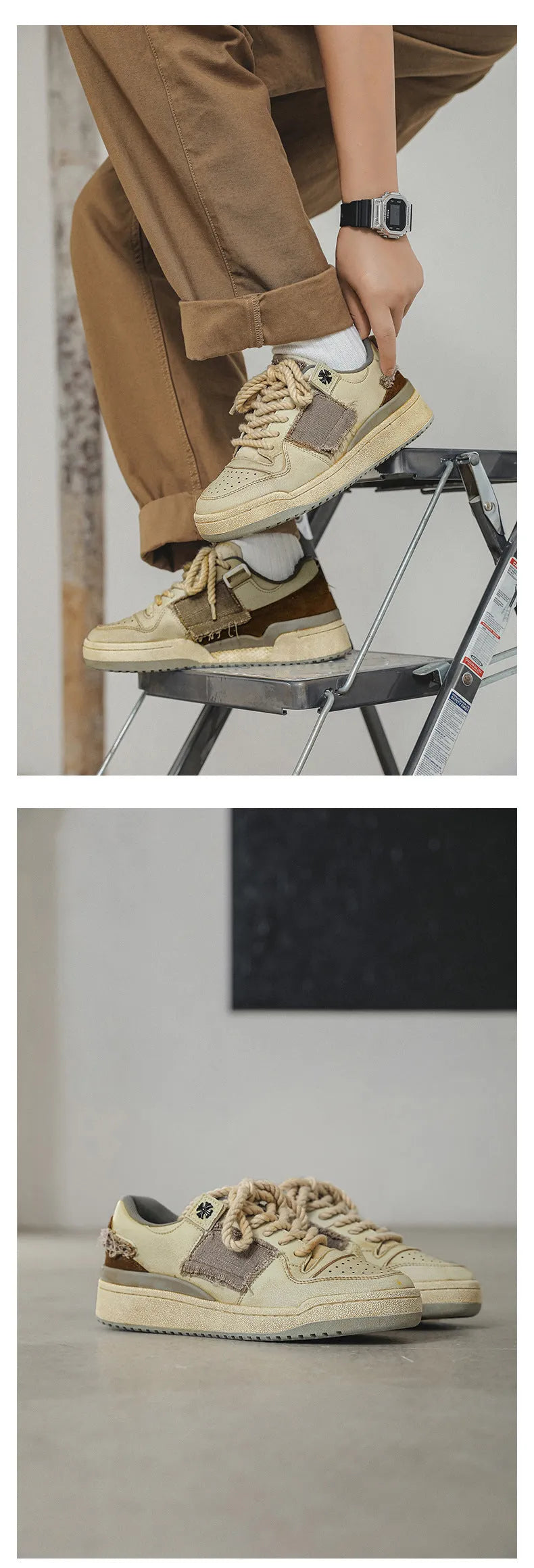 Beige low-top skateboard shoes with vintage patch design and rubber sole
