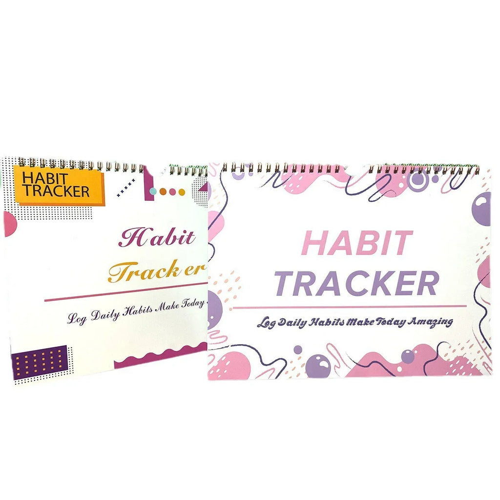 English habit tracking notebook open showing 12 internal pages with A4 21x28cm dimensions