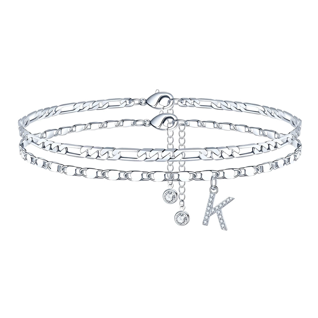 Copper double-circle bead anklet with letter options on silver-colour chain