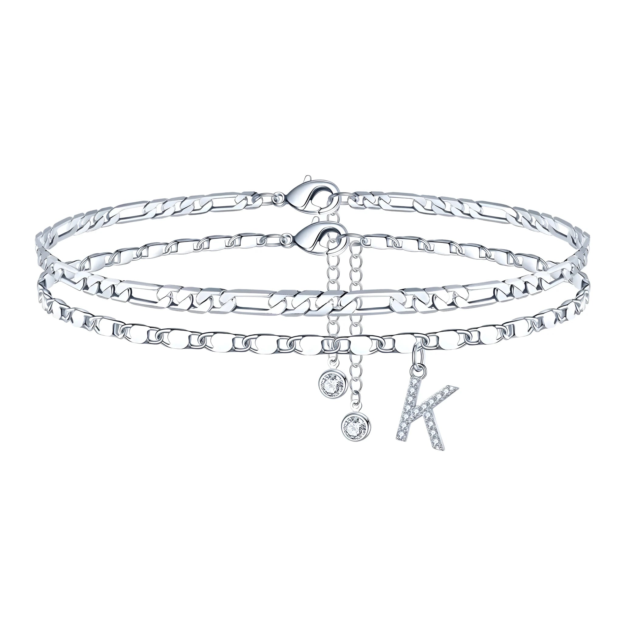 Copper double-circle bead anklet with letter options on silver-colour chain
