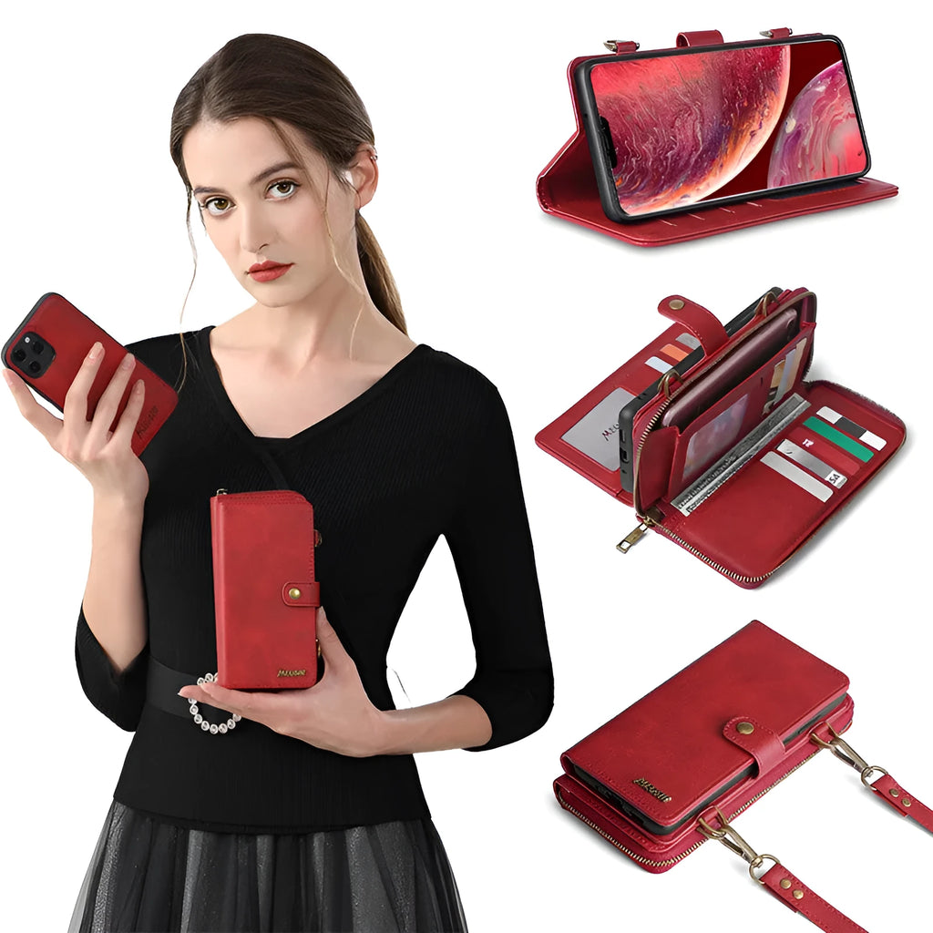 Detachable wallet backpack phone case with leather flip closure in black, blue, brown, or red colours