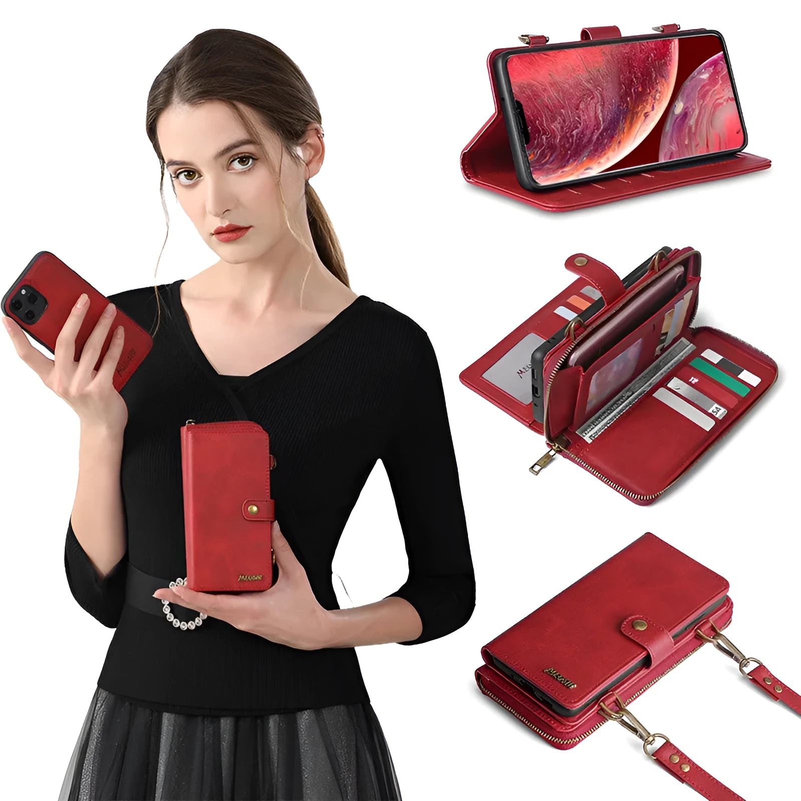 Detachable wallet backpack phone case with leather flip closure in black, blue, brown, or red colours