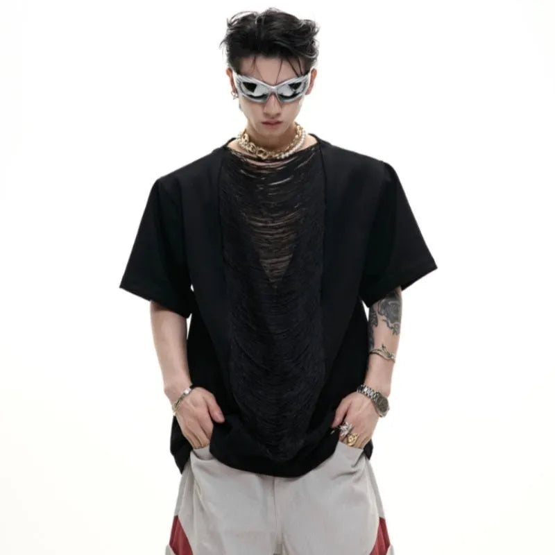 Men's drum black loose fit polyester t-shirt with three-dimensional cutting and short sleeves