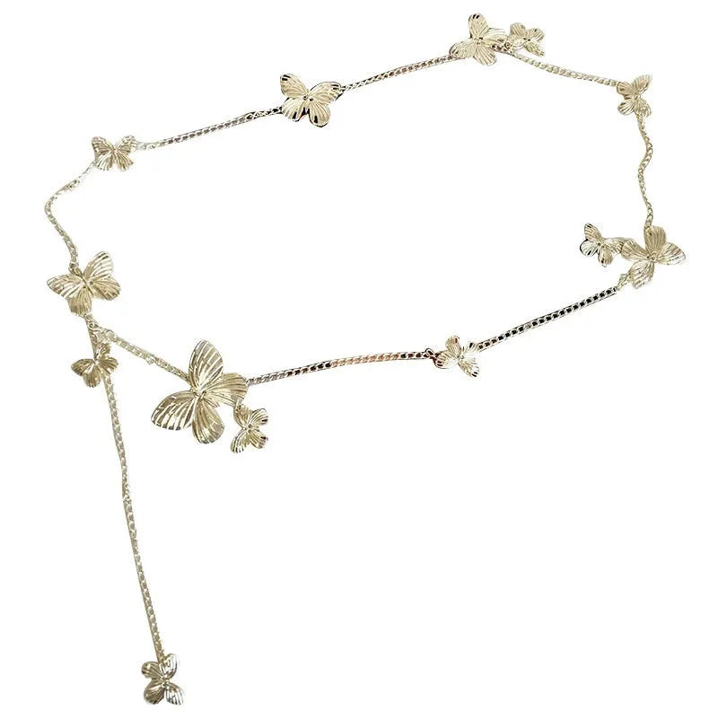 Gold butterfly waist chain for women, 104cm long and 40mm wide, shown laid flat.