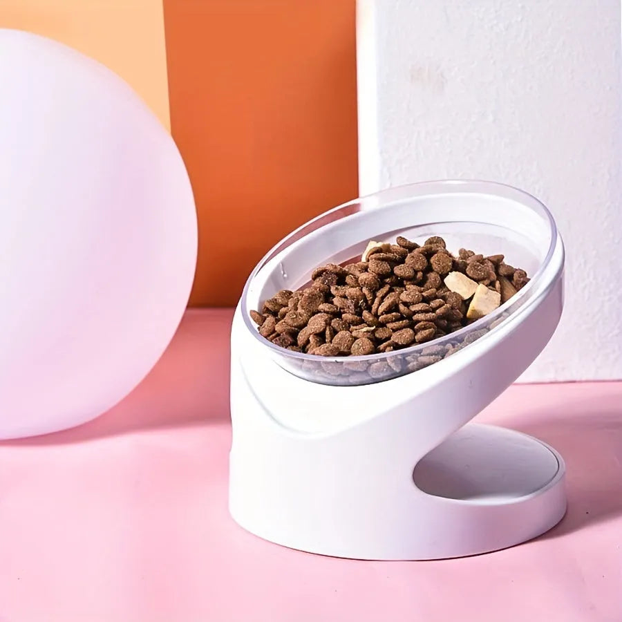 White elevated plastic cat feeder bowl with a tilted design for anti-vomit feeding.