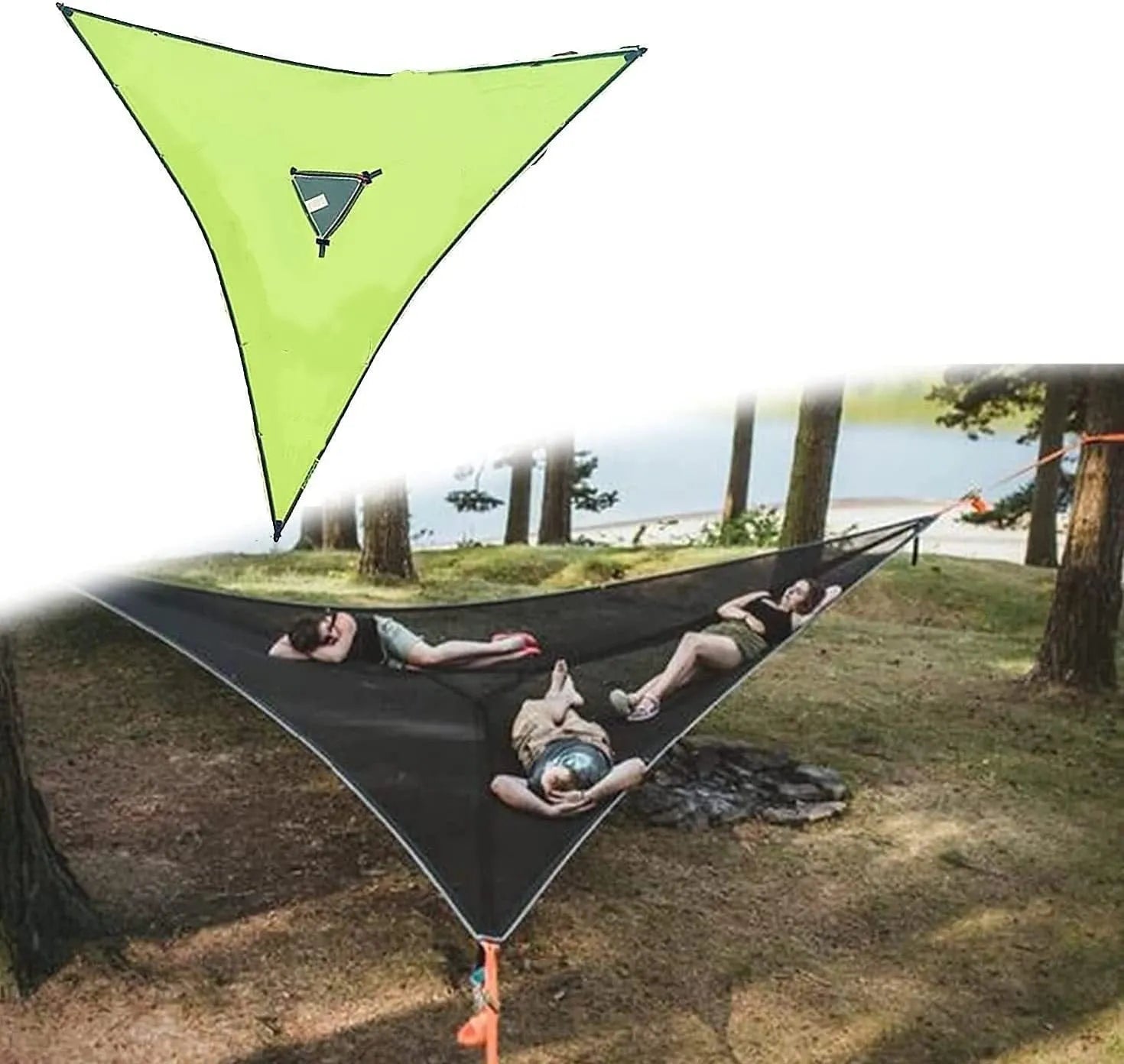 Aerial multi-person triangle hammock in green nylon 210T with 300KG capacity for outdoor camping