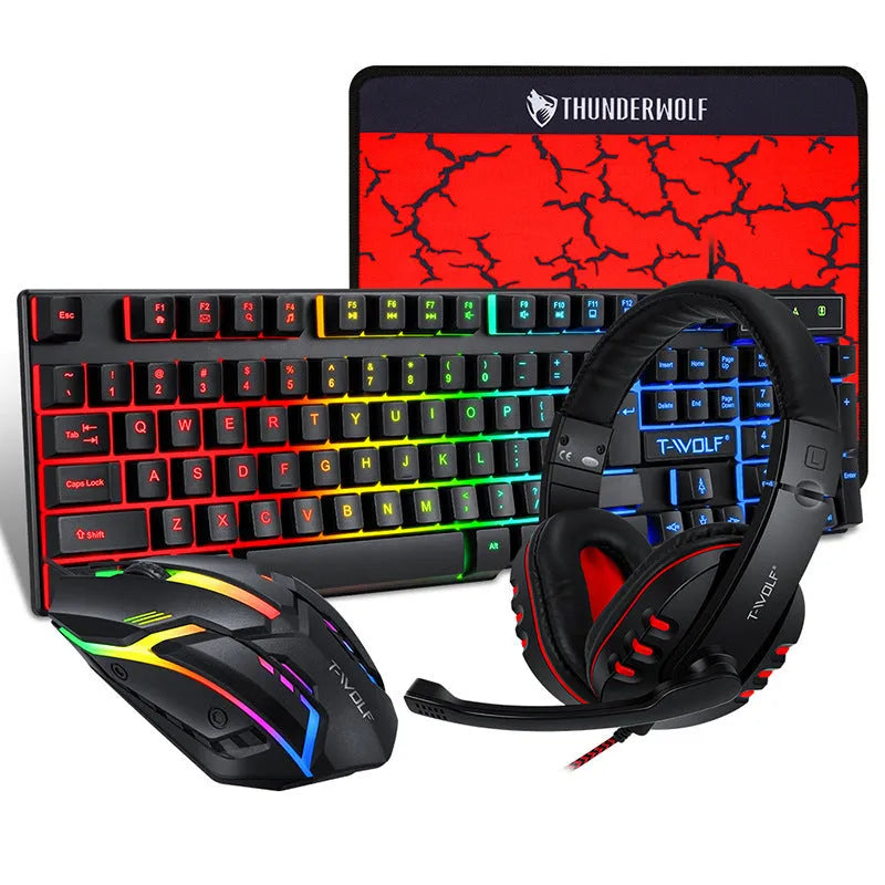 Thunder Wolf wired keyboard and mouse set with headset and mouse pad on desk