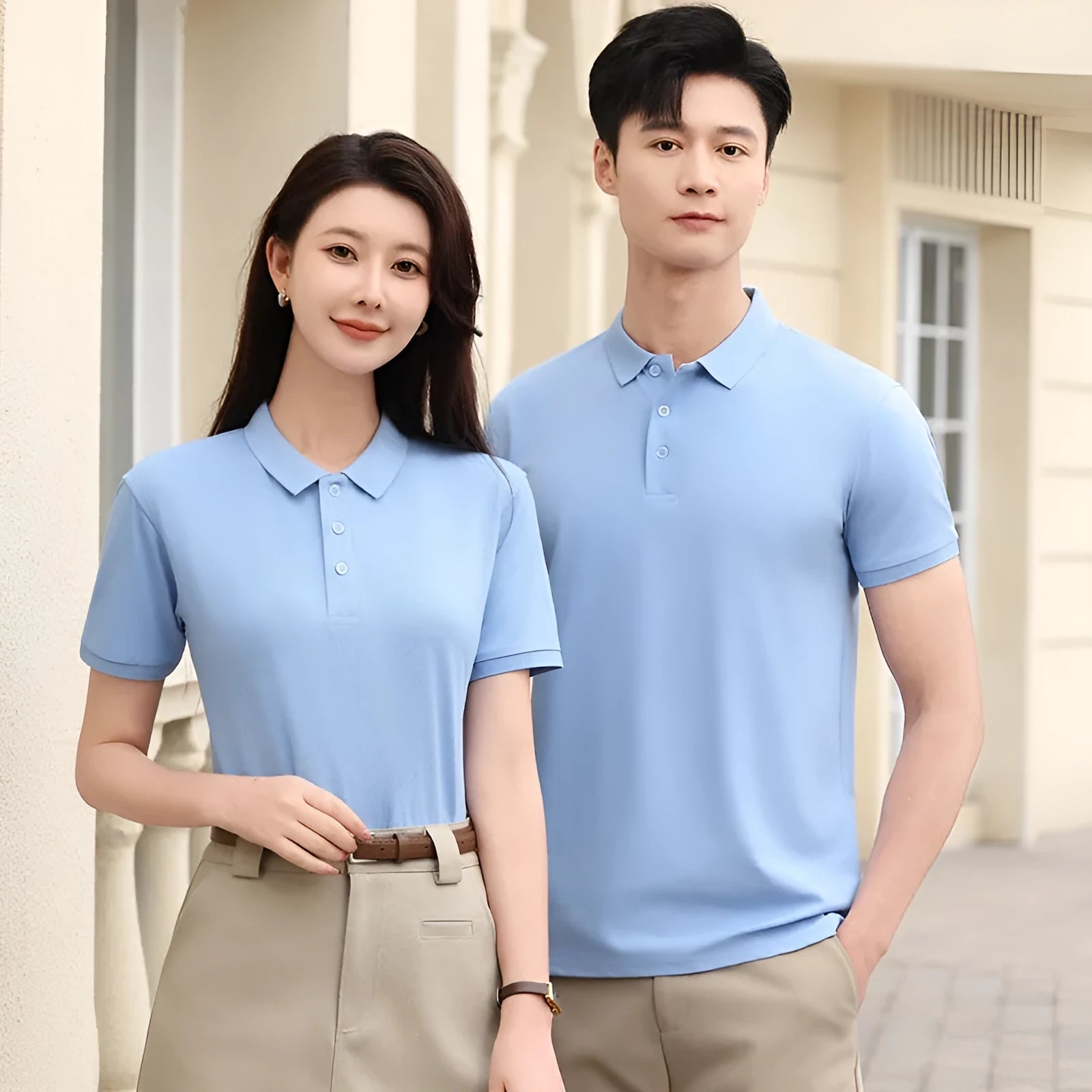 Men's short sleeve polo shirt in cotton-spandex blend, shown in Aerospace Blue colour with lapel collar.