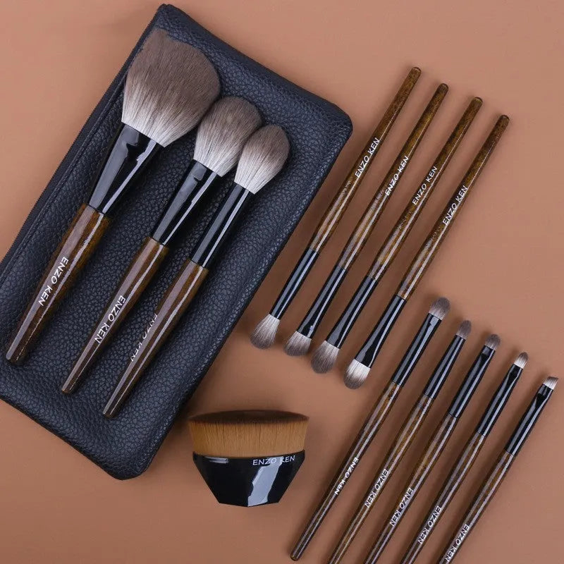 12-piece makeup brush set with wooden handles in PU storage bag