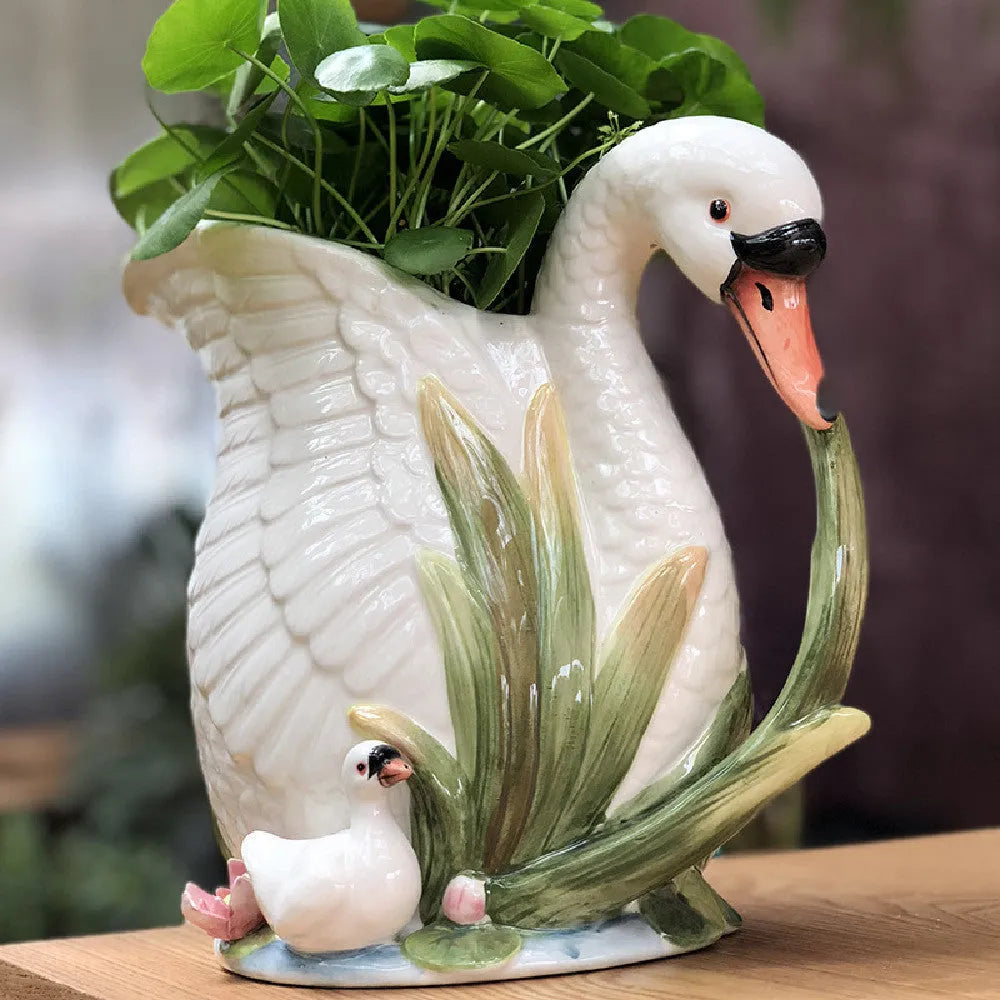 Pastoral style ceramic swan vase with embossed effect, 24.1 cm x 15.2 cm x 20 cm, in picture colour