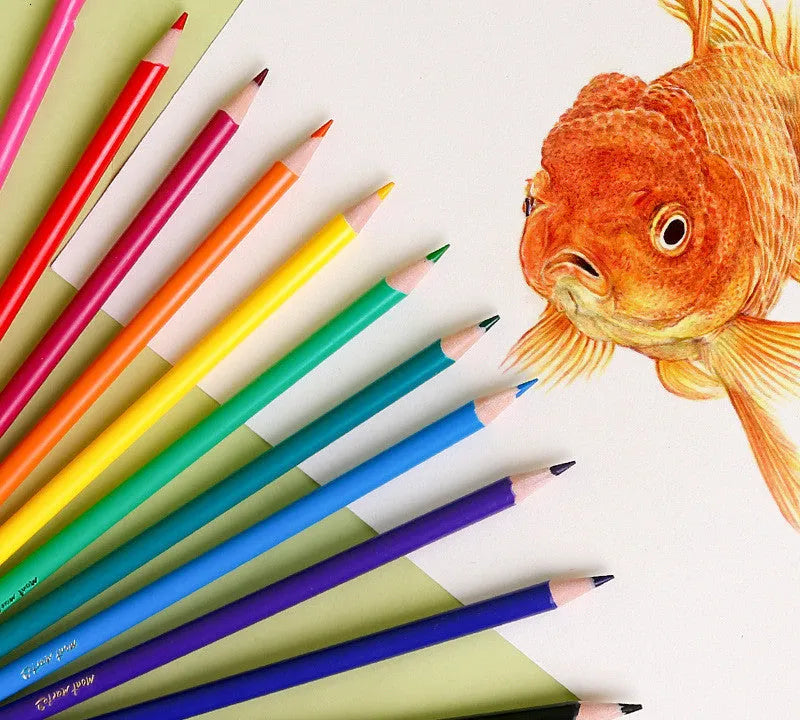 Wooden box containing 24 coloured pencils with colourful cartoon design, suitable for drawing and sketching.