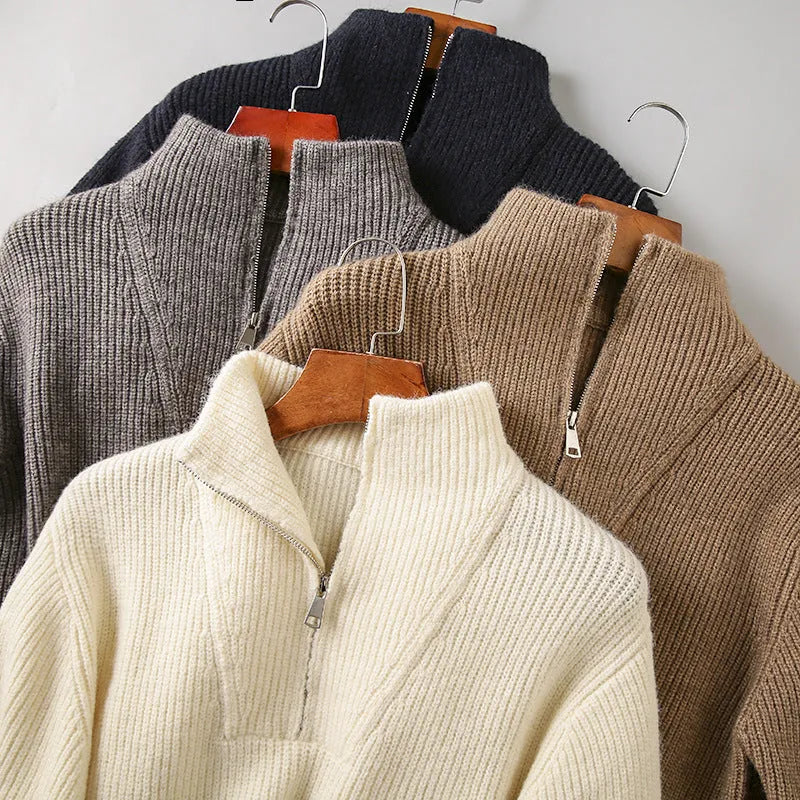 Men's cotton half-zip sweater in beige, plus size bat wing knitwear