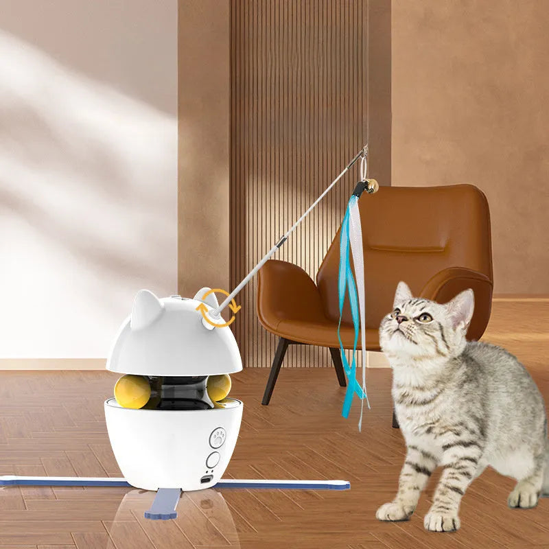 White electronic interactive cat toy with elastic rope attachment on flat surface