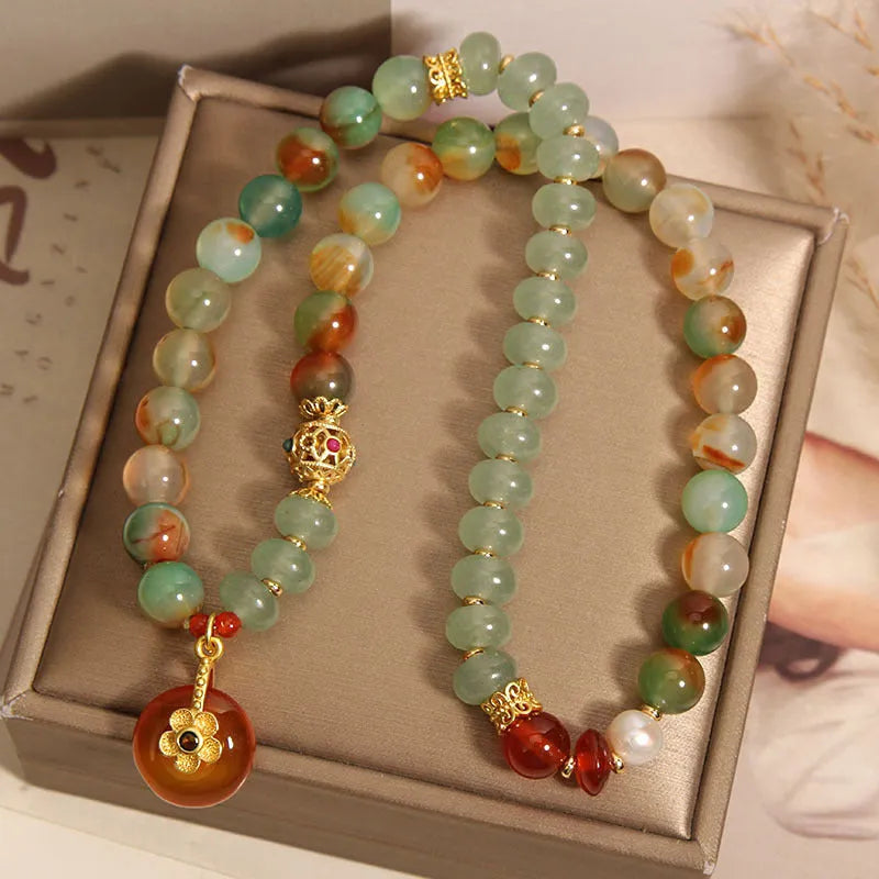 Peacock green agate double ring bracelet for women with alloy construction and safety buckle