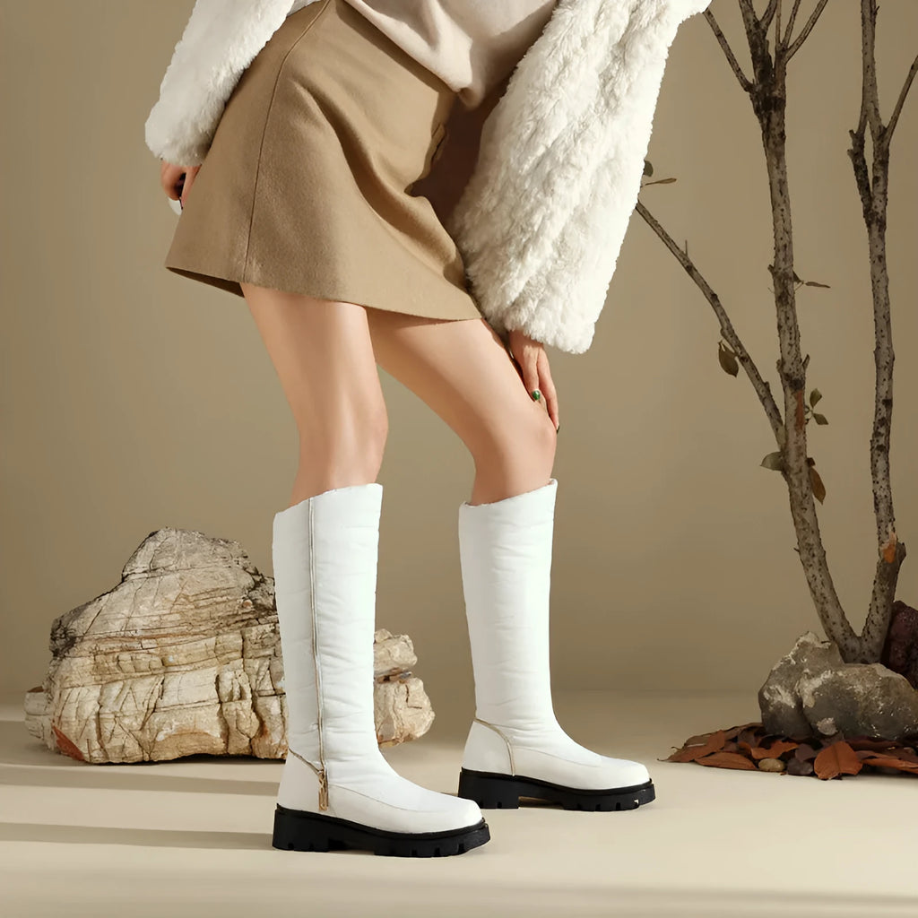 Women's winter snow boots, round toe, black or white, artificial PU upper, sizes 35 to 44