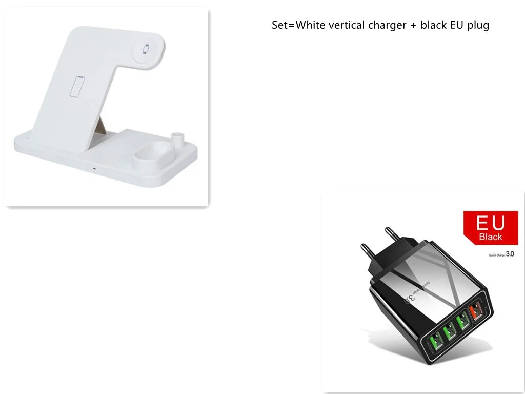 Black 4-in-1 wireless charging station with phone on adjustable magnetic stand, charging Apple Watch, AirPods, and Apple Pencil.