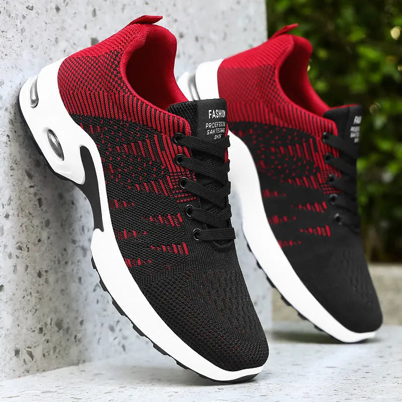 Men's black and gray Flyknit mesh casual sneakers with flat sole and lace-up front