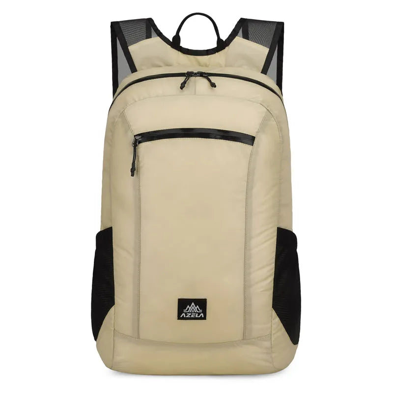 AZELA Lightweight Hiking Backpack in White with multiple pockets and breathable mesh straps for outdoor travel
