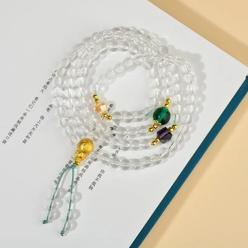 White crystal 108-bead rosary bracelet necklace with geometric ethnic style design