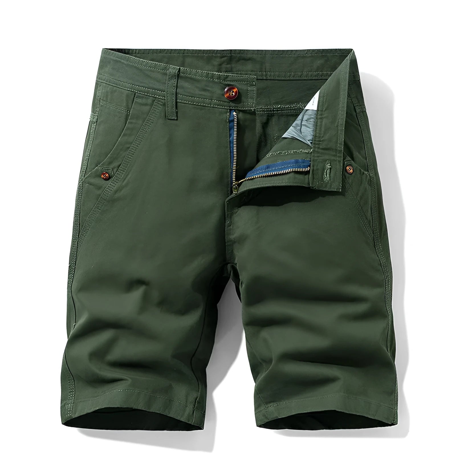 Men's khaki cotton casual overalls with straight legs and a zipper fly front.