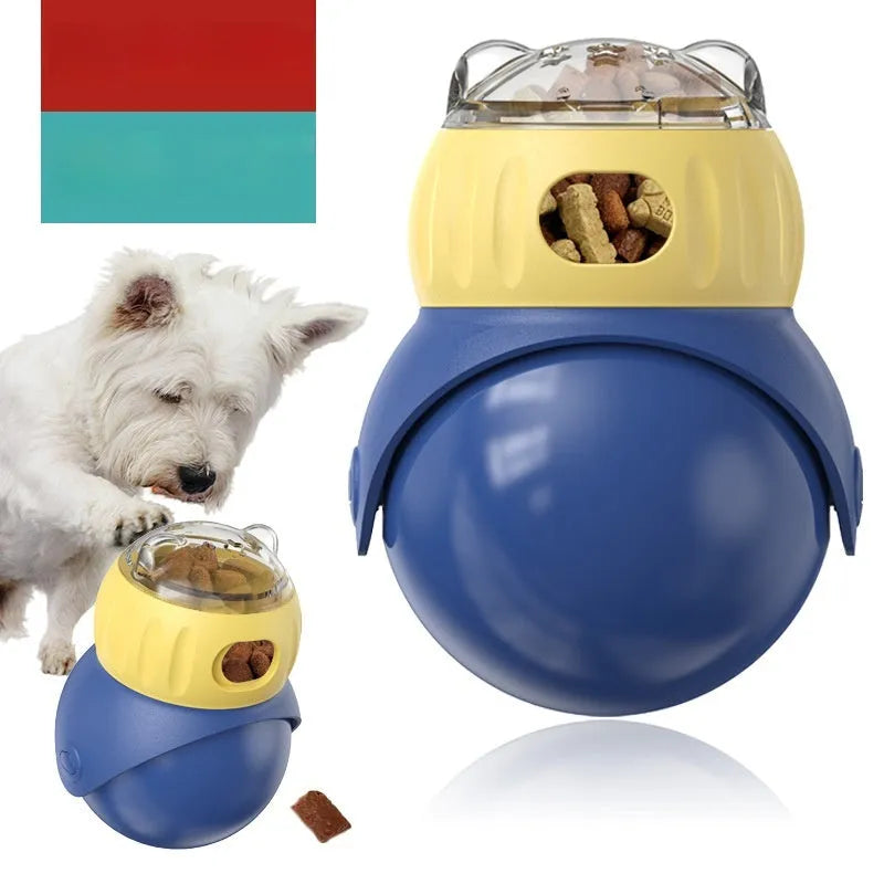 Morandi yellow and blue plastic owl-shaped tumbler cat toy with a food puzzle feeder.