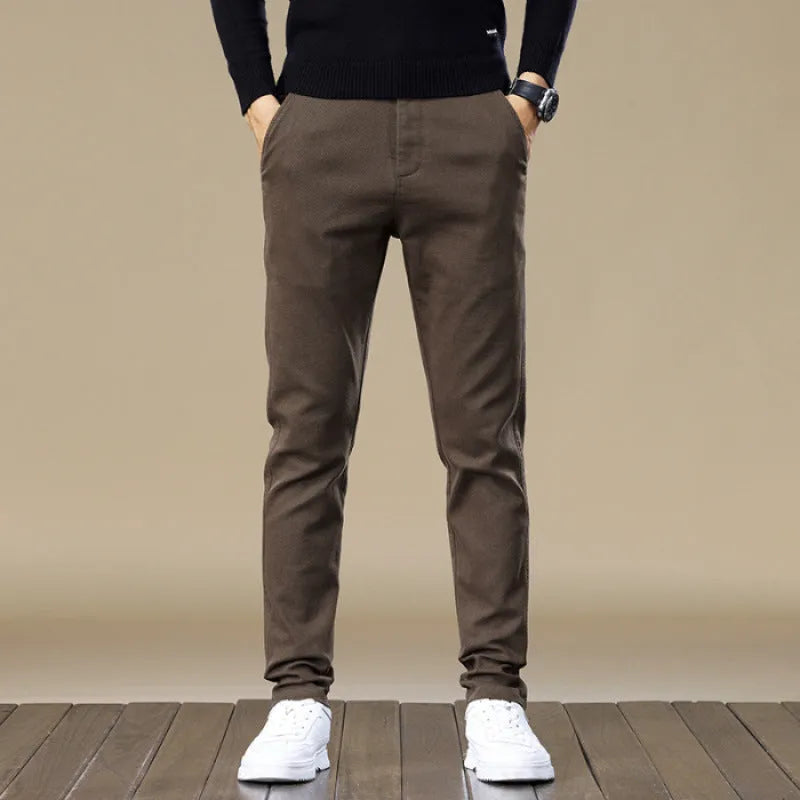 Men's fleece-lined slim fit tapered casual pants in black cotton fabric with straight leg