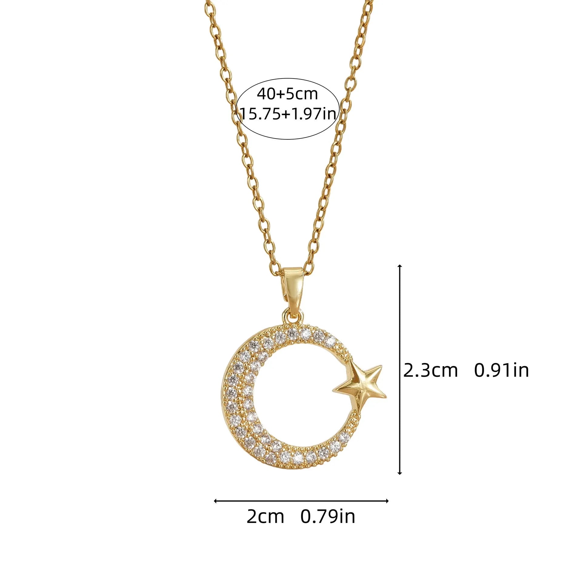 Xingyue gold geometric moon pendant necklace with zircon stone on titanium steel O-ring chain against white background