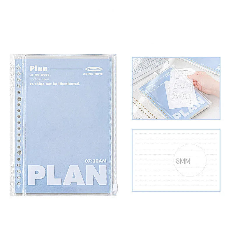 Blue and white A5 PVC notebook storage can for loose spiral papers, showing dimensions 148mm x 210mm.