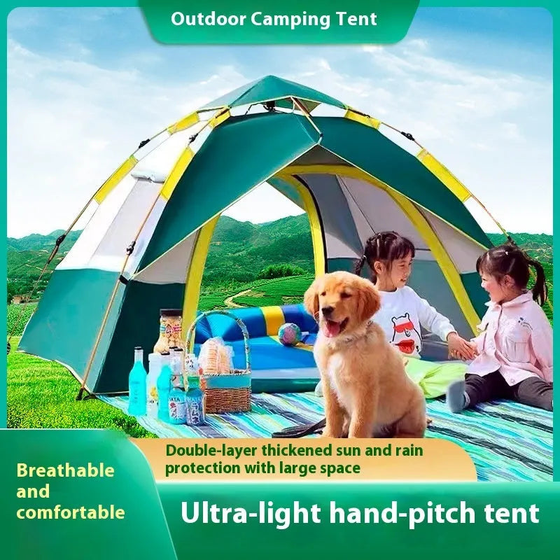 Blue 3-4 person automatic camping tent set up outdoors with rain and sun protection flysheet