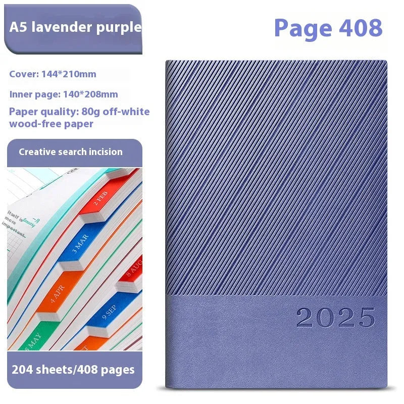A5 striped PU leather notepad open on a desk showing thickened paper, available in eight colours.
