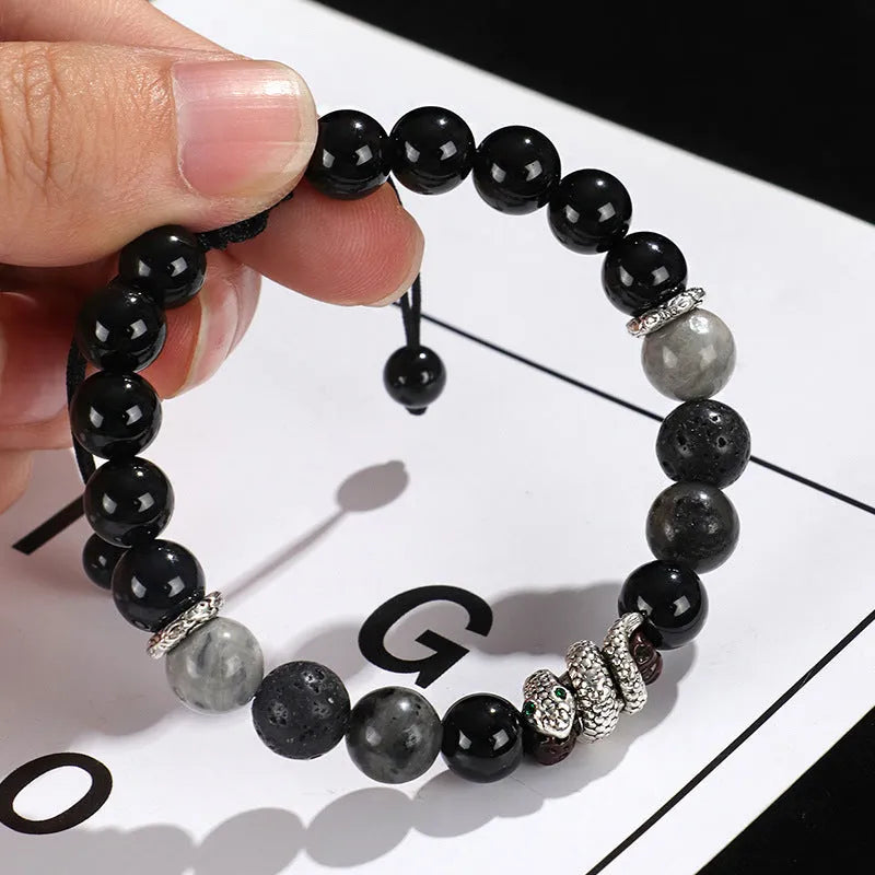 Agate couple bracelet set with blessing snake pattern in black and white options featuring white turquoise accents