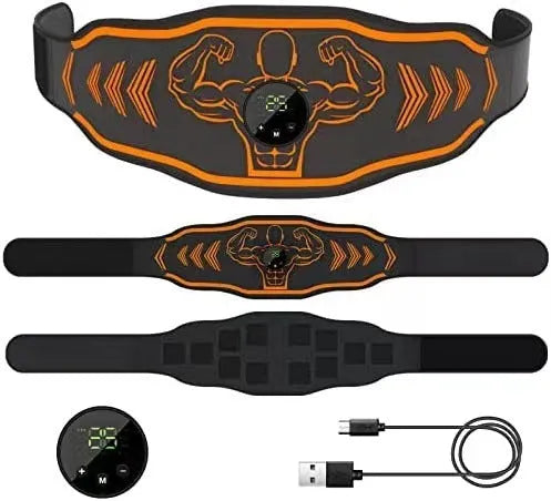 Smart EMS massage fitness belt set with blue host and electrodes on a grey background