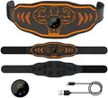 Smart EMS massage fitness belt set with blue host and electrodes on a grey background