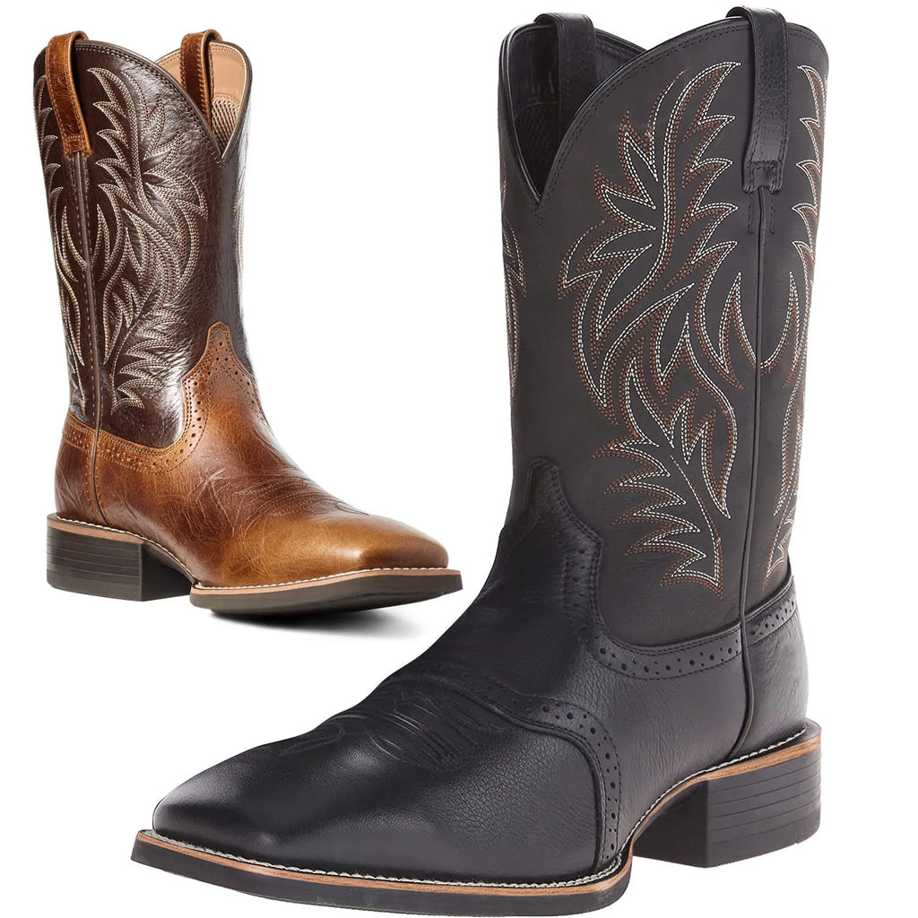Men's black embroidered wide square-toe cowboy boots with a low heel on a neutral background.