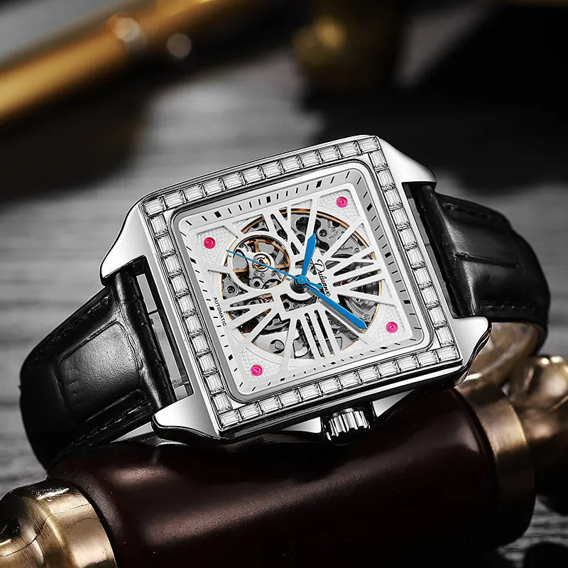 Square case automatic watch for men with diamond-studded bezel on a stainless steel bracelet