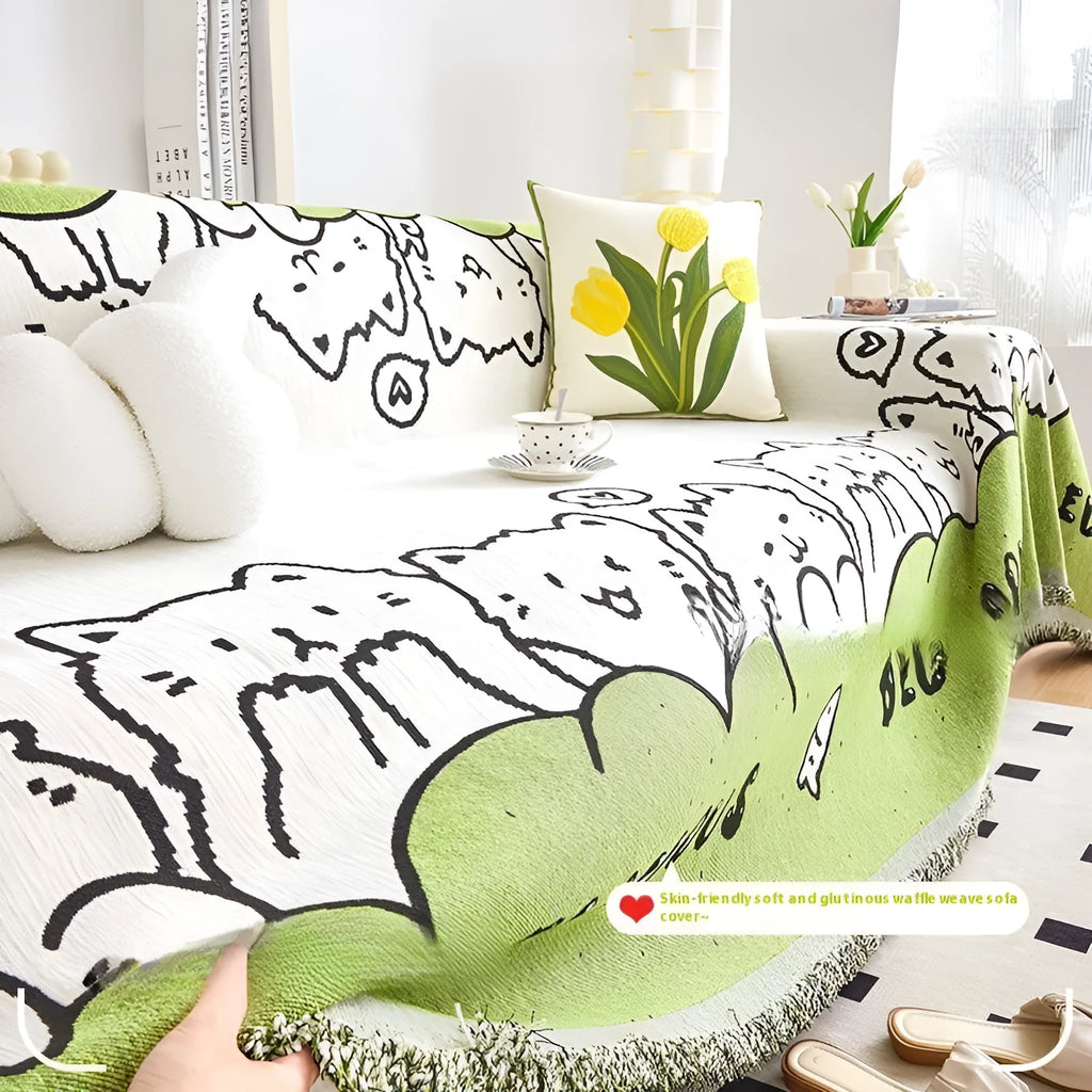 Thickened waffle sofa towel in cartoon anime Meow star paradise print, full covered one piece, 180 cm wide