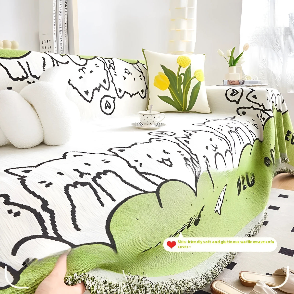 Thickened waffle sofa towel in cartoon anime Meow star paradise print, full covered one piece, 180 cm wide